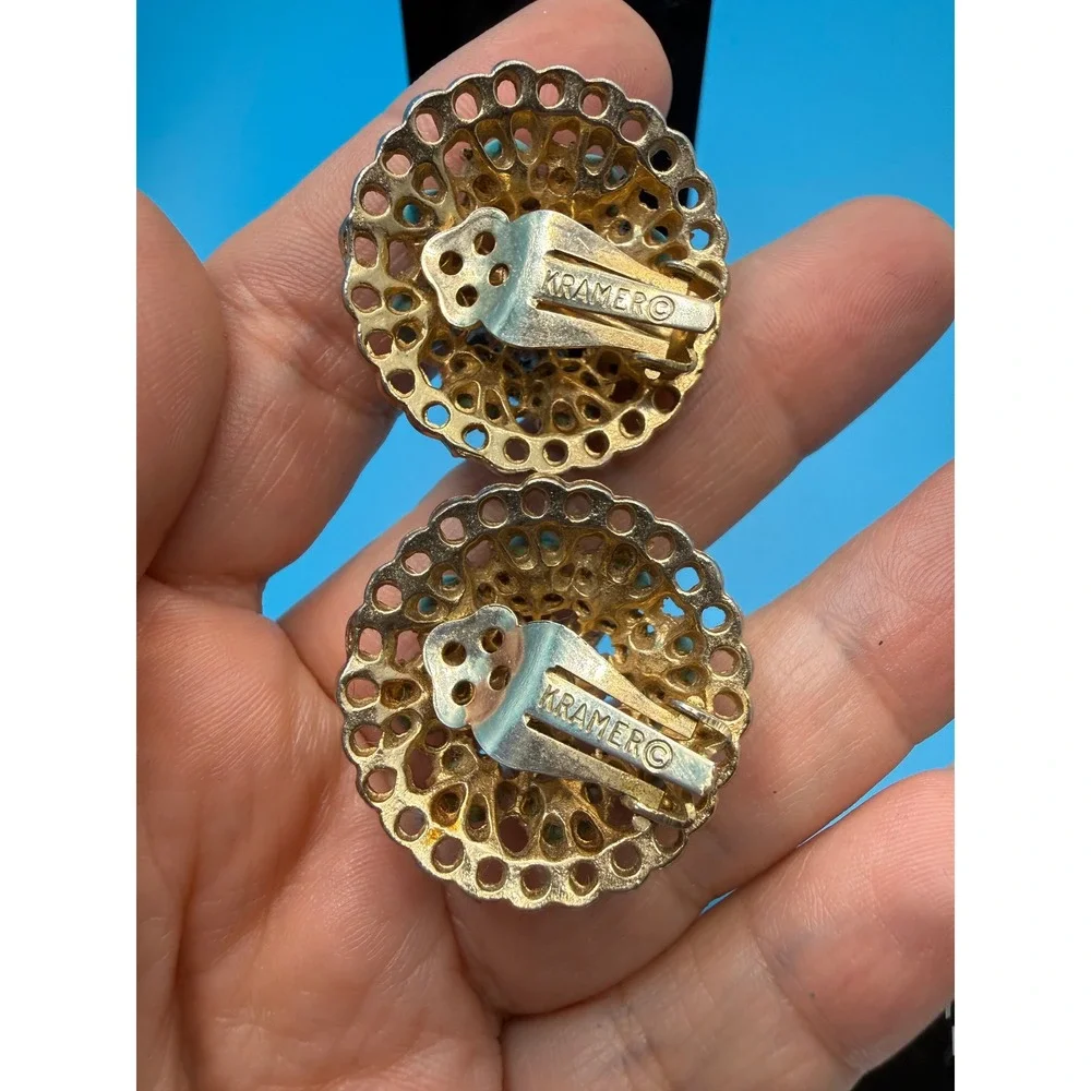 Vintage‎ Kramer of New York Faux Turquoise Gold Tone Filigree Clip On Earrings